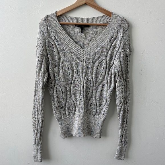 White House Black Market Lt. Neutral Multicolor Cable Knit V-Neck Sweater | WHBM - Picture 2 of 6